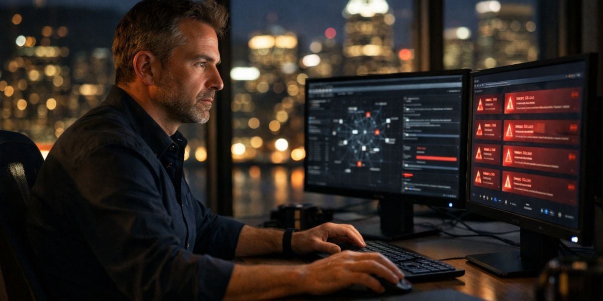 Cybersecurity professional monitoring ransomware threat targeting Montreal business network in 2026