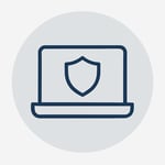 Create a clean minimal line icon of a laptop with a small shield symbol using Resitek dark blue as the line color 1E2A38 Place it on a soft lightgray-1