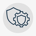 Create a line icon of two overlapping shields or a shield combined with a gear using Resitek dark blue 1E2A38 to represent comanaged cybersecurity Cen