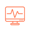 Create a lineart icon in F46C4E showing a monitoring graph or heartbeat line on a display screen Use smooth rounded corners and mediumweight strokes A