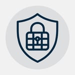 Create a modern line icon of a shield with a lock or network grid inside it using Resitek dark blue 1E2A38 Place it centered on a soft lightgray circu