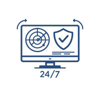 Minimal SaaS style cybersecurity icon computer monitor displaying security dashboard with radar scan lines and shield symbol representing 247 security