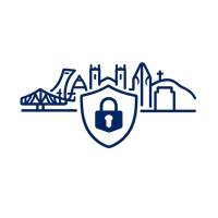 Minimal SaaS style line icon Montreal skyline silhouette with shield overlay representing local cybersecurity protection modern clean vector icon navy