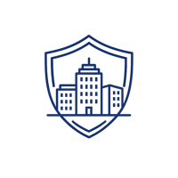 Minimal SaaS style line icon shield protecting a small group of office buildings representing longterm cybersecurity protection for businesses modern-1