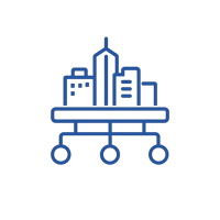 Minimal modern SaaS line icon of a city skyline connected to a network platform representing businesses supported Clean thin line style consistent str-1