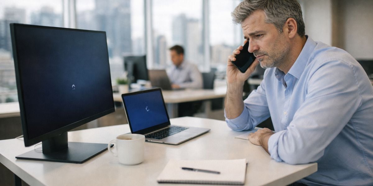 Business professional frustrated at non-functioning computer during IT downtime in modern Toronto office