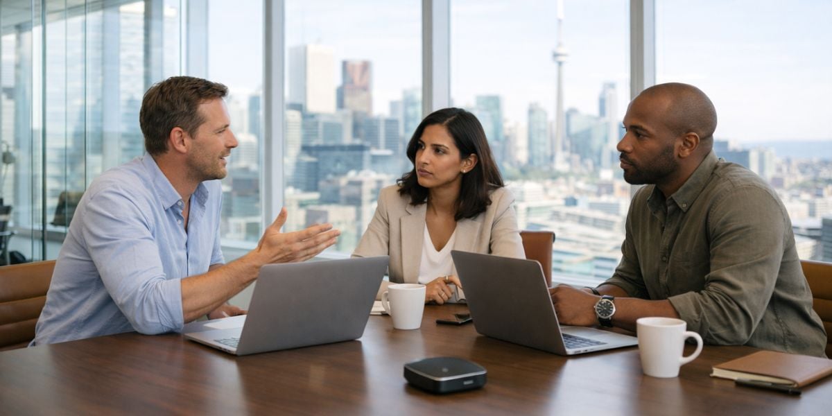 Managed IT provider team meeting in modern Toronto high-rise office with CN Tower visible in background
