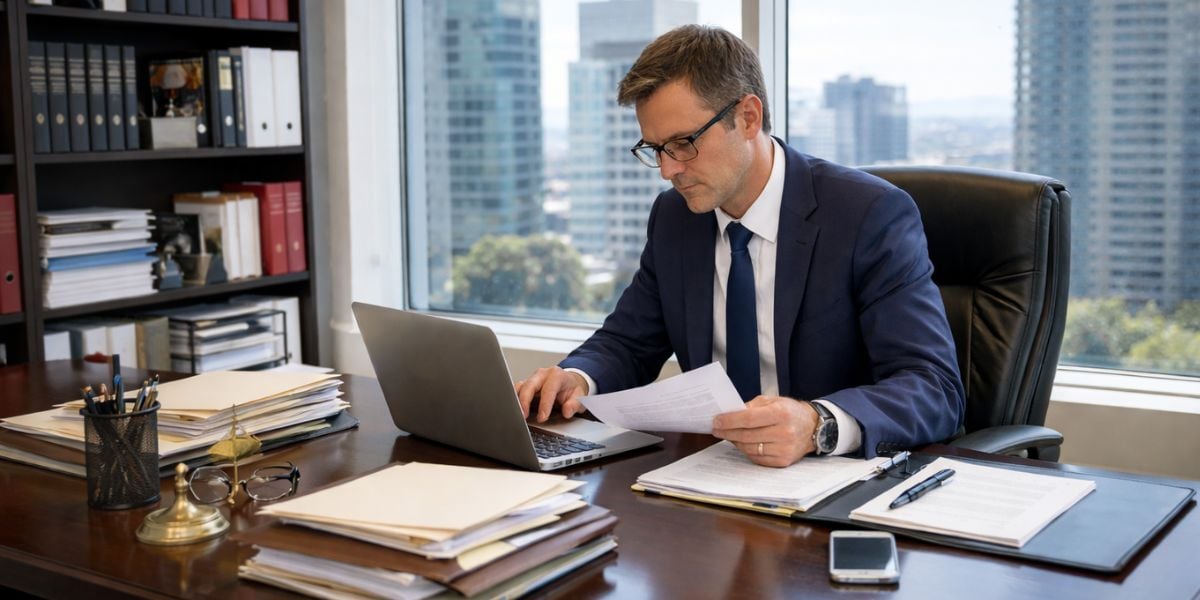 Montreal law firm lawyer reviewing cybersecurity risk assessment on laptop in modern office