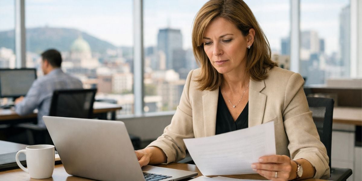 Montreal business professional reviewing Bill 25 Law 25 Quebec privacy compliance requirements at office desk in 2026