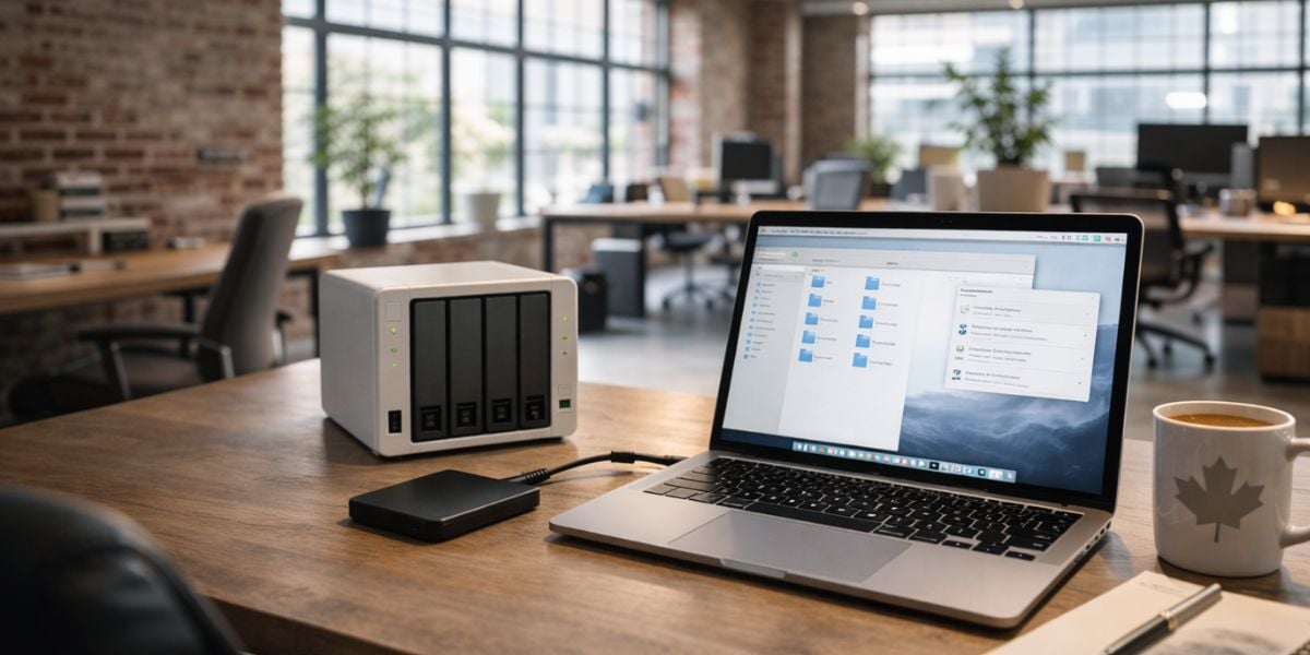 Cloud backup and local storage devices on desk in modern Toronto office representing data protection for Canadian businesses