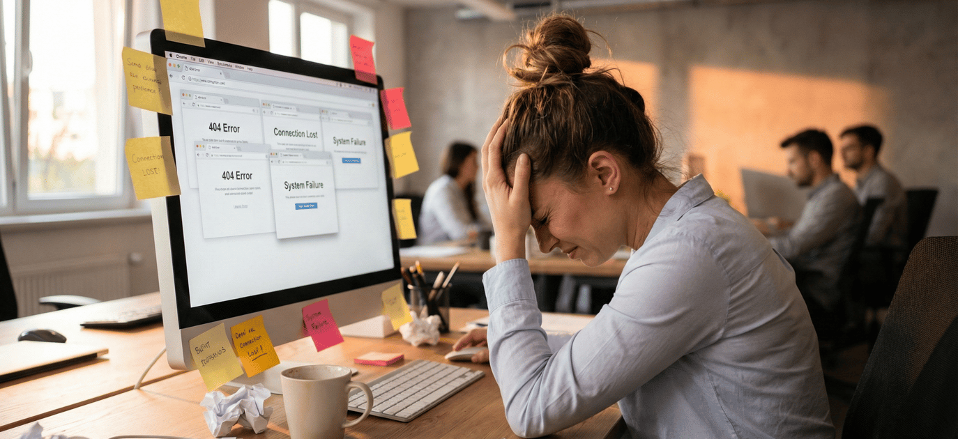Frustrated business employee submitting recurring IT tickets due to systemic technology issues, not user error