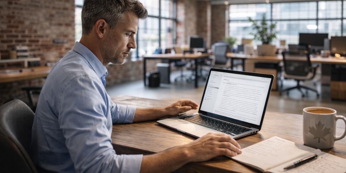 Montreal business professional reviewing cyberattack preparation plan at modern office desk in 2026