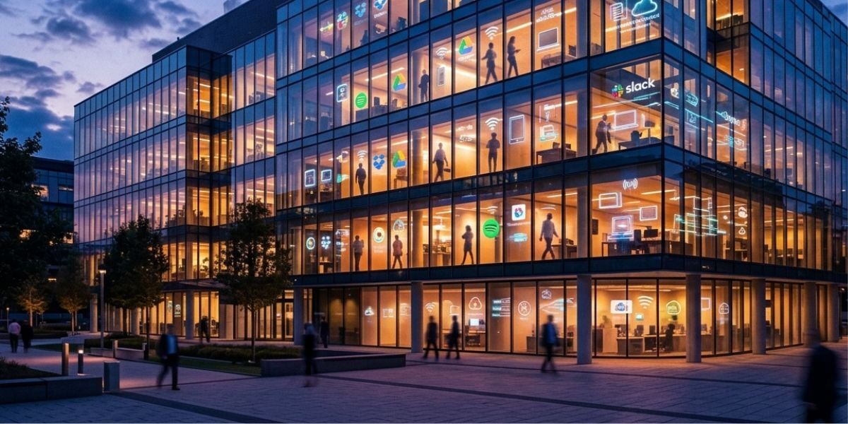Shadow IT visualization showing unauthorized technology and apps hidden within corporate office environment