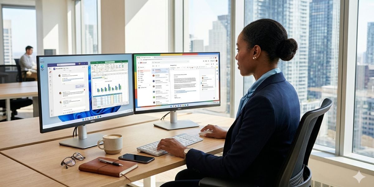  Montreal business team collaborating on laptops using Microsoft 365 and Google Workspace in modern office