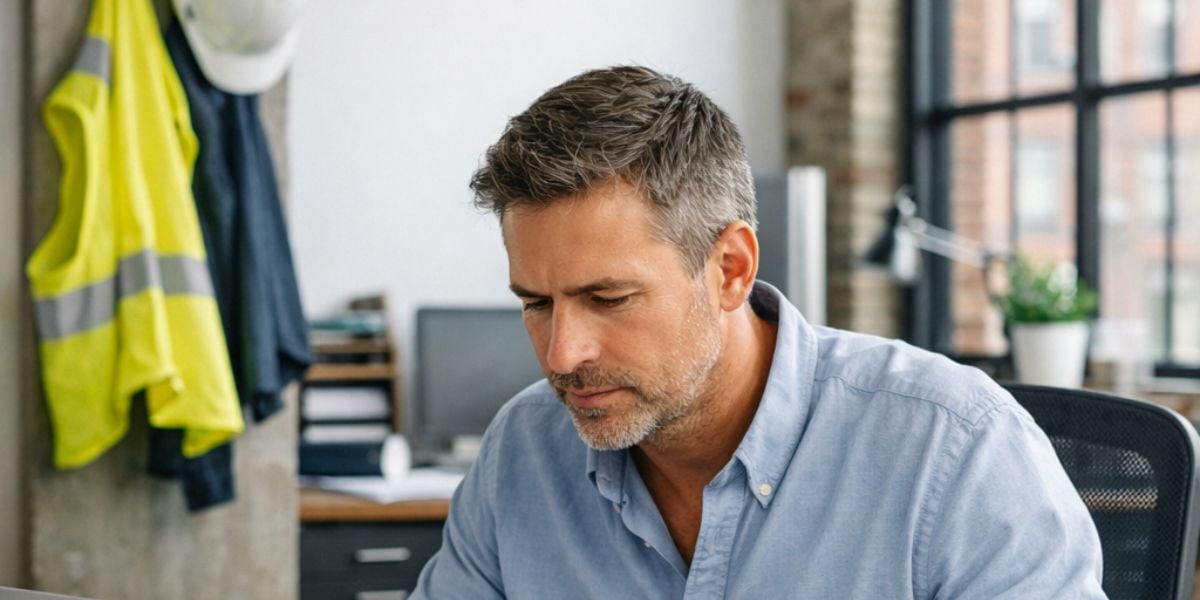 Construction project manager reviewing cybersecurity risks on laptop at Montreal job site office